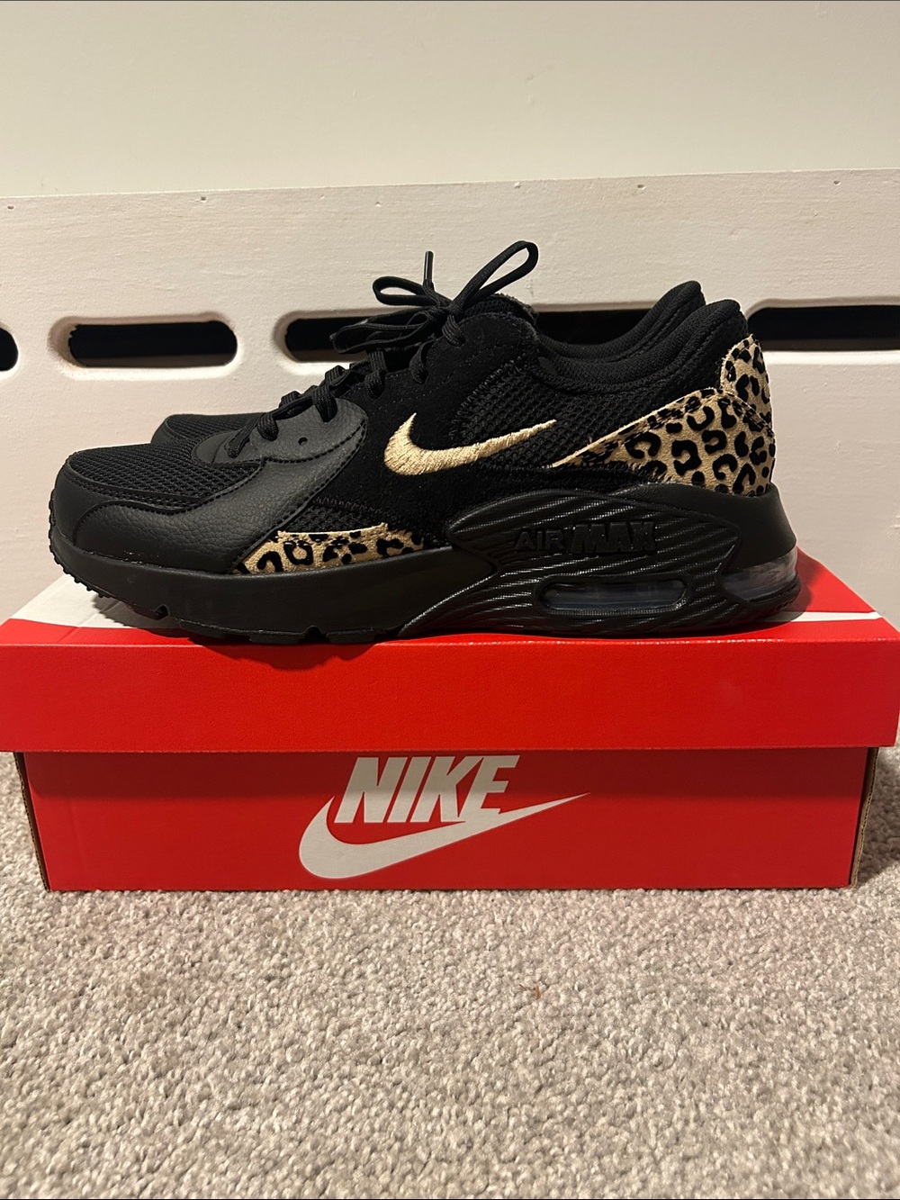 New Nike Air Max Excee Black Sneakers with Gold Swoosh & Leopard Print